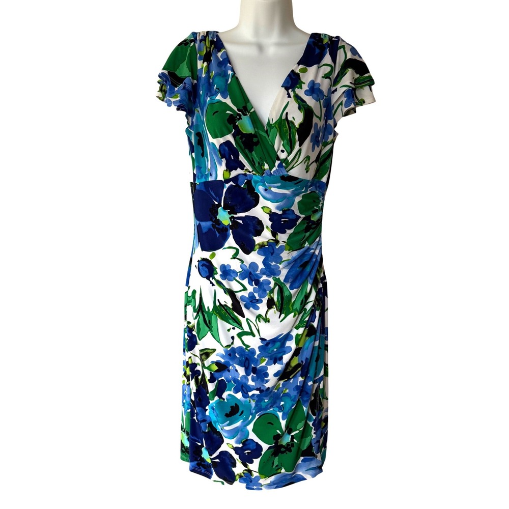 Lauren Ralph Lauren Blue Green Floral Faux Wrap Ruched Sheath Dress Size 6